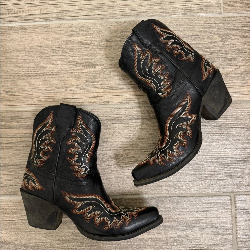 Ariat Black Leather Western Ankle Boots with Copper Stitching
